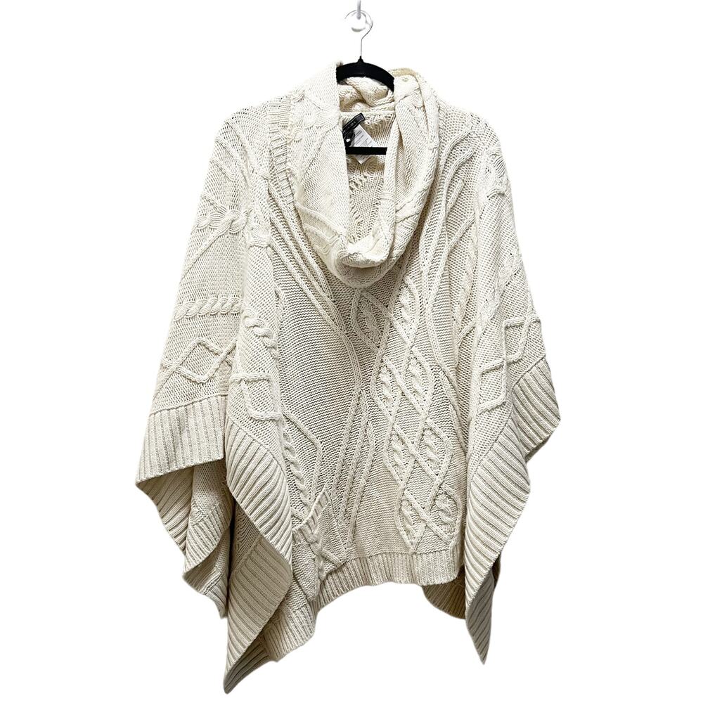 BCBGMaxazria Poncho Oversized Sweater Beige Cable Knit Geometric Pullover Sz S/M